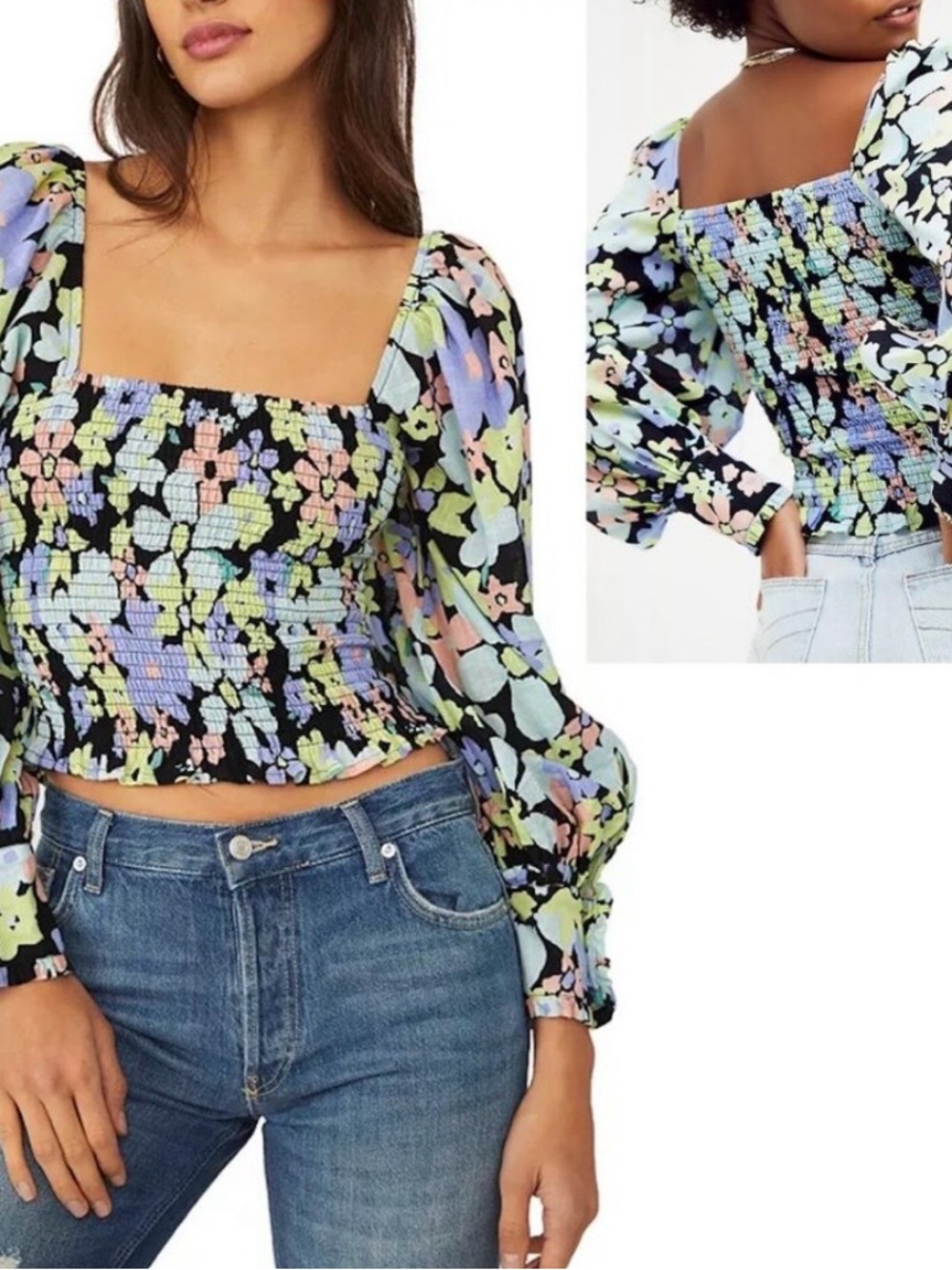 Free People Ariana Blouse Smocked Floral Puff-Sleeve Crop Top - Multi